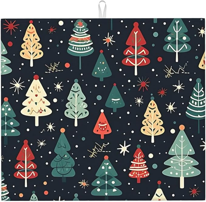Cute Christmas trees Dish Drying Mat 16x18 inches Microfiber Absorbent Fast Dry Mat for Kitchen Counter Coffee Bar Christmas Large Drying Mat Kitchen Decor Gifts (Christmas Trees, 16x18 inches)