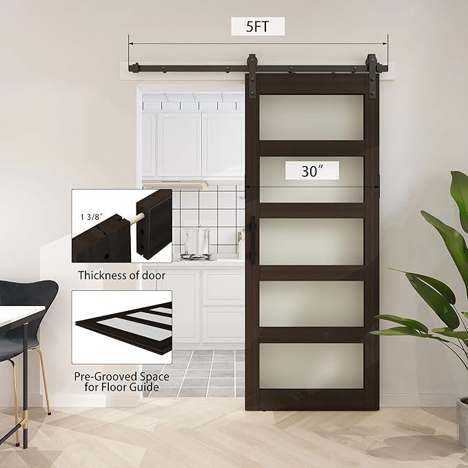 BARNSMITH 30in x 84in Glass Barn Door with 5FT Sliding Door Hardware Kit Included & Handle,5-Panel Frosted Glass Solid Wood Slab with Water-Proof PVC Surface,Pre-Drilled Easy Assembly,Brown