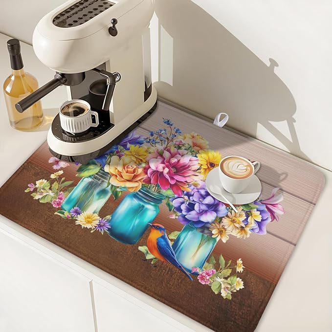 Spring Colorful Flowers Dish Drying Mat for Kitchen Counter,Vintage Plants Mason Jar Butterflies Drying Mat 18 x 24 Inch with Absorbent Reversible Microfiber Dish Drying Pad for Coffee Bar