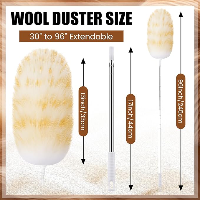 Remerry Lambswool Cleaning Duster Extendable Feather Duster 30-96 Inch with Stainless Steel Handle Removable Head Multi Surface Cleaning Tool for Ceiling Fan Window Furniture Bookshelf Home Office