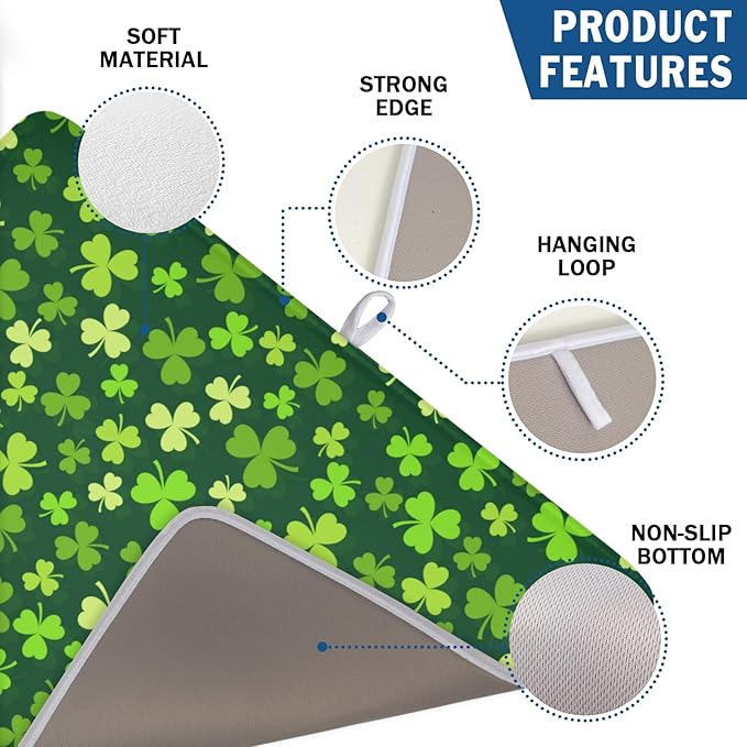 St. Patrick's Day Dish Drying Mat for Kitchen Counter,Irish Green Shamrocks Clover Leaves Drying Mat 18 x 24 Inch with Absorbent Reversible Microfiber Dish Drying Pad for Coffee Bar