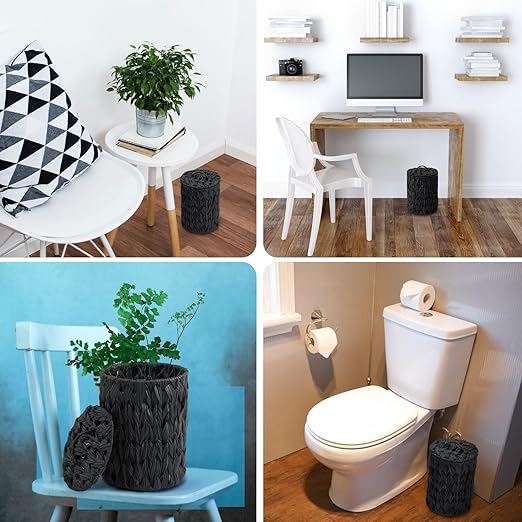 Ctosree 1.3 Gallons Small Trash Can with Lid Handle Boho Woven Braided Bathroom Waste Basket Trash Can with 100 Garbage Bags for Bedroom Office Laundry(Black,Braided Polypropylene,Round)