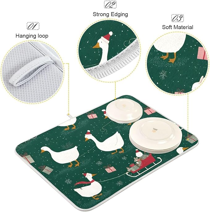 Christmas Geese Pattern Dish Drying Mat for Kitchen Counter Super Absorbent Drying Mat 18x24 inch Large Dish Drying Matts for Countertop Protector Dishes Pad
