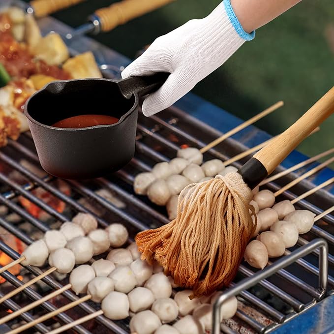 Cast Iron Sauce Pot and BBQ Mop Brush Set for Grilling, 7 Pcs Barbecue Accessories Include Basting Melting Saucepan, Wooden Sauce Mop with 4 Replacements for Meat Smoker, Grill, Stove