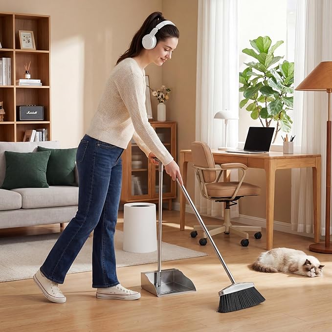 Dust Pans with Long Handle,Heavy Duty Metal Dust Pan with Handle,Upright Stand Up Dustpan with Dust Pan Teeth to Clean Hair for Home Kitchen Office Lobby Floor Garden