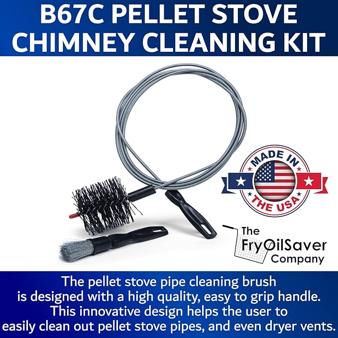 Pellet Stove & Dryer Vent Cleaner Kit – 10 ft Long Steel Flexible Brush for Fireplace Chimney, Ash, Lint & Soot Buildup Removal - Pellet Stove Cleaning Kit – B67C by FryOilSaver Co