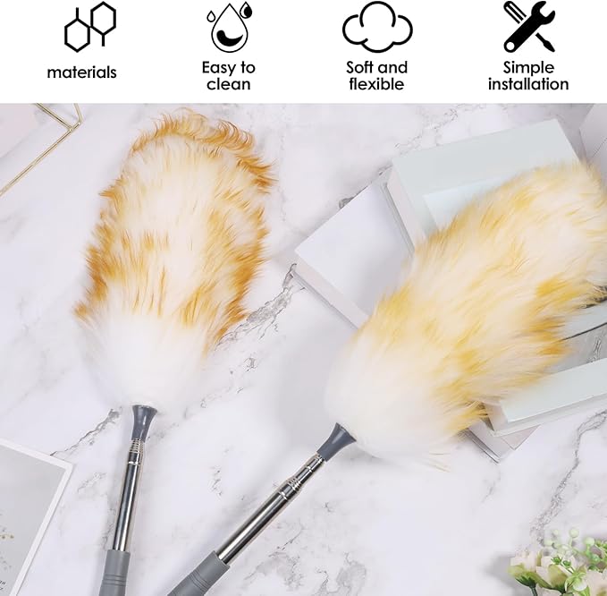 2Pcs Extendable Lambswool Duster Lightweight Ceiling Cleaning Lambswool Duster with Stainless Steel Pole for Ceiling Cabinet