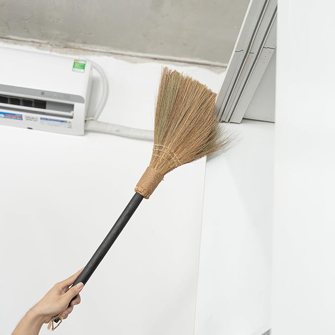 Natural Whisk Sweeping Black Handle Broom - Brooms for Wedding Jumping Ceremony Halloween DIY Decoration - Vietnamese Straw Soft Broom 12.2" Width, 28.35" Length