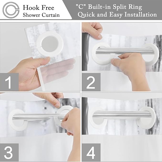 No Hook Shower Curtain with Snap in Liner, Hotel Style Black White Gold Brush Strokes Art Modern Shower Curtain Waterpoof Washable with See Through Top Window,71"x71"