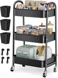 3 Tier Rolling Cart Metal with Wheels, Heavy Duty Three Tiered Rolling Storage Cart on Wheels, Black Utility Roller Carts Organizer for Baby, Art, Craft, Snack,Book, Nail, Diaper Caddy, Cleaning, Dorm
