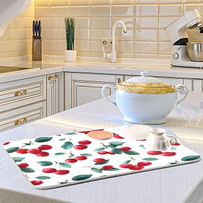 Red Cherry Leaves Dish Drying Mat for Kitchen Counter Absorbent Microfiber Drying Pad, Medium 16x18 in