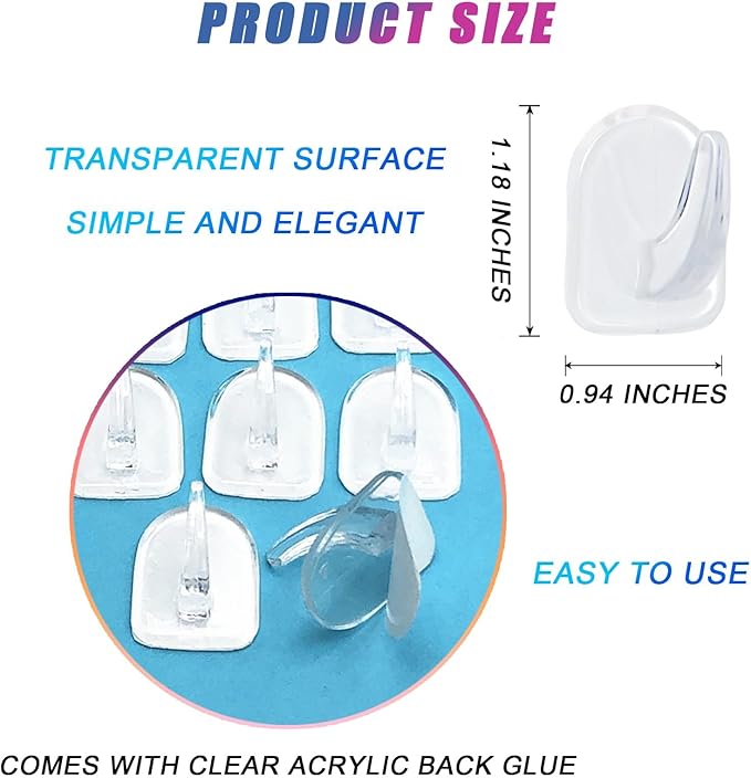 50 PCS Traceless Clear Plastic Adhesive Hooks No Damage Transparent Reusable Seamless Hooks Sticky Hangers with Non Marking Sticker for Kitchen Bathroom Bedroom Office Wall（3*2.4Cm/1.18*0.94Inches）