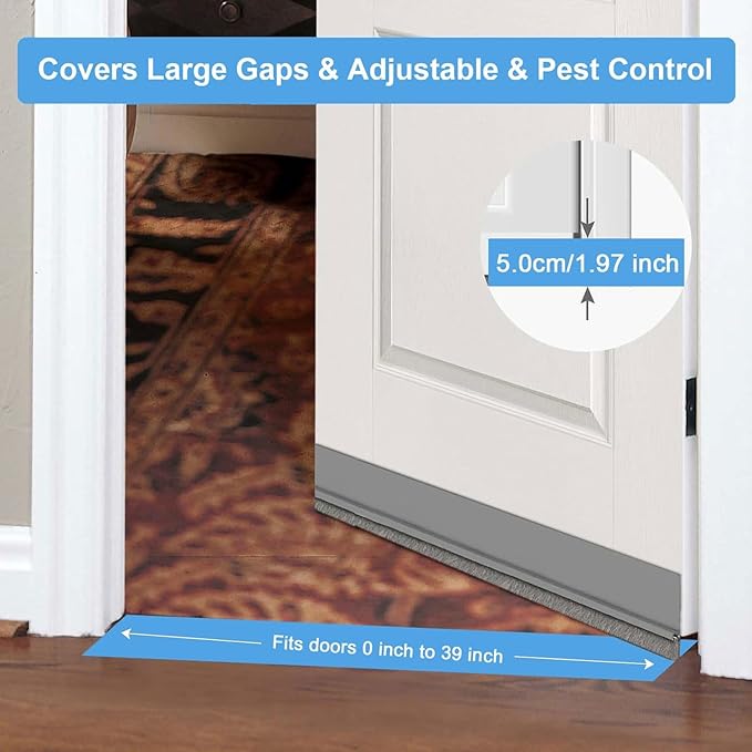 39-inch Door Draft Stopper with Brush - Adhesive Weather Stripping Seal for Exterior/Interior Doors | Under Door Sweep Blocks Drafts, Noise & Dust | Fits 1/4"-1" Gaps (Grey)