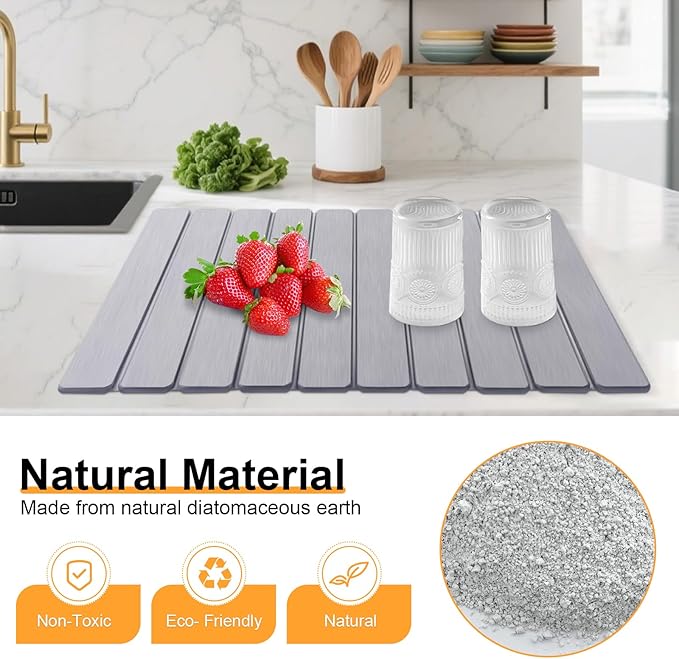 Stone Dish Drying Mat for Kitchen Counter, Collapsible Dish Drying Mat 24"(L)×16"(W) Absorbent Diatomaceous Earth Drying Mats, Quick Dry Stone Mat for Cups Dishes Kitchen Bathroom Any Countertop Gray