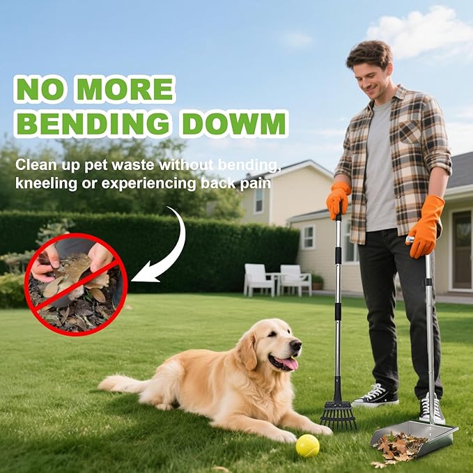 Pooper Scooper for Large Dogs,Dog Pooper Scooper Heavy Duty Long Handle Metal Tray Rake Shovel Set,Extremely Durable Metal Stainless Steel Dustpan for No Bending Clean Up Yard Grass.