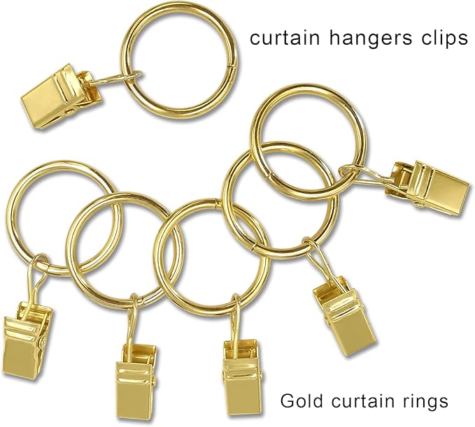 44 Pack Metal Curtain Rings with Clips, Drapery Clips with Rings, Drapes Rings 1 inch Inner Diameter, Fits Diameter 5/8 inch Curtain Rods, Gold