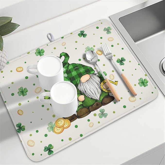 St Patrick's Day Gnome Dish Drying Mat for Kitchen Counter,Inch Lucky Shamrock Gold Coin Drying Mat 18 x 24 Inch with Absorbent Reversible Microfiber Dish Drying Pad for Coffee Bar