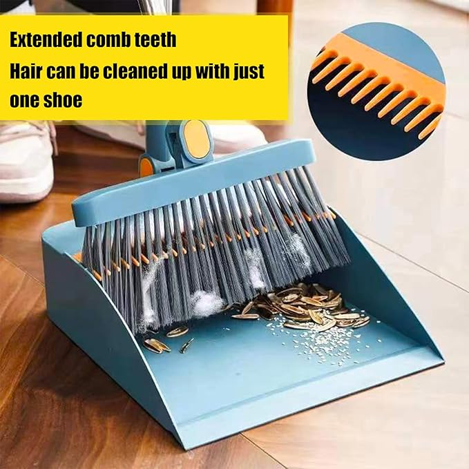 Broom with Dustpan Combo Set 180-degree Rotatable Brooms and Dustpan Set Non-Stick Hair Dustpan Sweeping Brooms Vertical Storage Broom Set Dust Pan and Broom Set for Dog Cat Pets Home Use (Bule)