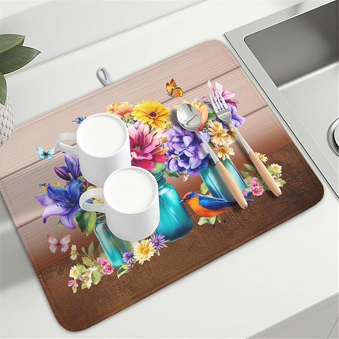 Spring Colorful Flowers Dish Drying Mat for Kitchen Counter,Vintage Plants Mason Jar Butterflies Drying Mat 18 x 24 Inch with Absorbent Reversible Microfiber Dish Drying Pad for Coffee Bar