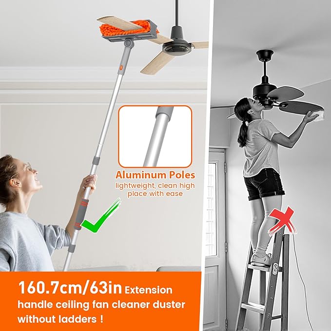 Ceiling Fan Cleaner Duster with 63" Extension Pole, Ceiling Fan Blade Cleaning Tool, Dusters for Cleaning High Ceiling Fan Reusable Chenille Pads for Blind, Baseboard, Wall