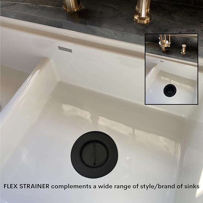 Flex Strainer® Sink Drain Strainer with Optional Stopper – No Center Stem, Fits Standard 3½” Sink Drains & Disposals – Easy Clean, Dishwasher Safe – Made in USA – Black, 2-Pack