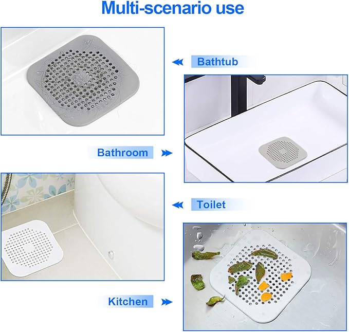 Drain Hair Catcher 2 Packs, Shower/Bathtub Drain Cover, Silicone Hair Catcher for Shower, Square Drain Stopper for Tub,Kitchen,Bathroom Gray/White