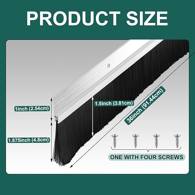 Frienda 2 Set Door Brush Bottom Sweep Brush Weather Stripping Aluminum Door Seal with Screws for Gaps up to 1 Inch, for Home, Commercial Gate, Fill Gaps Dust, Debris (1.5 x 36 Inch,Silver)