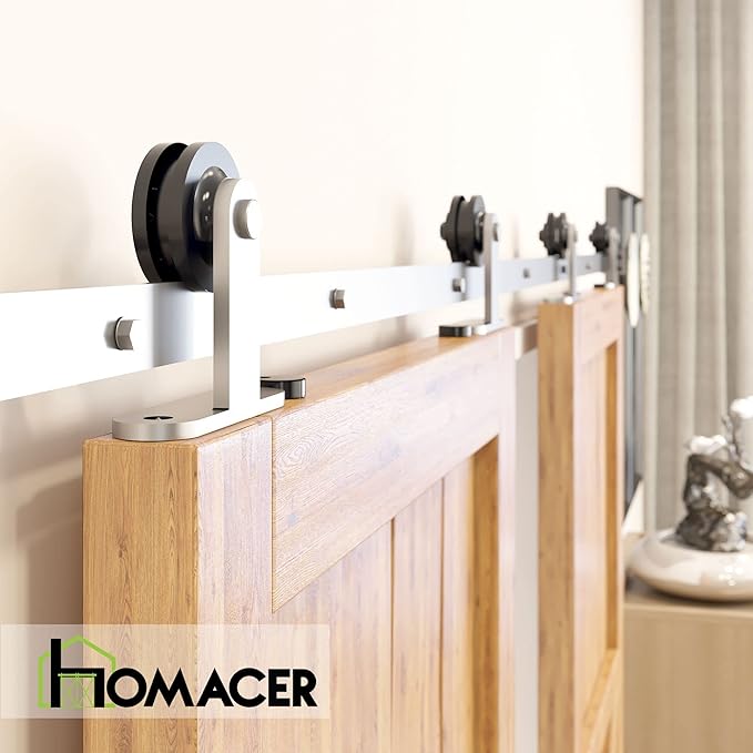 Homacer Brushed Nickel Non-Bypass Sliding Barn Door Hardware Kit, for Two/Double Doors, 16ft Long Flat Track, T-Shape Design Roller, Heavy Duty, for Interior & Exterior Use