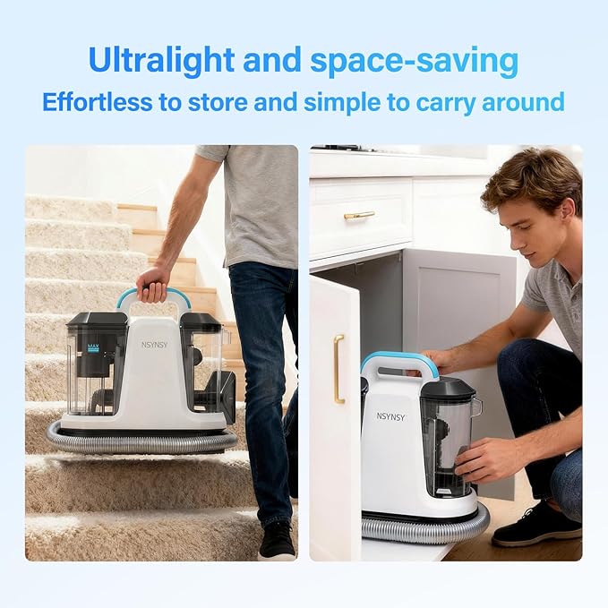 Portable Carpet & Upholstery Spot Cleaner, Compact Strong-Suction Machine with Scrubbing Brush, Removes Pet Stains, Spills & Dirt from Sofas, Stairs, Rugs, Mattresses & Car Interiors