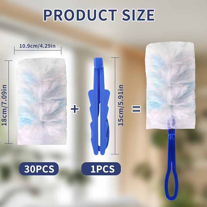 60 Pcs Blue Duster Refills Static Dust Removal Brush Disposable Replacement Head with 1 Handle for Electronics, Furniture, Blinds, Ceiling Fans