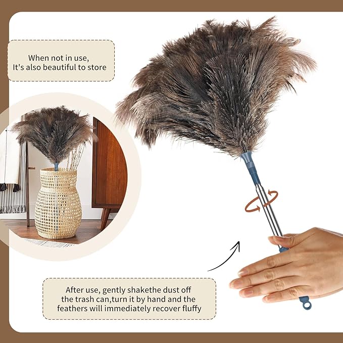 Ostrich Feather Duster with Extension Pole for Cleaning - 80 in Fluffy Natural Genuine Ostrich Feathers with Handle Reusable Handheld Ostrich Feather (Gray)