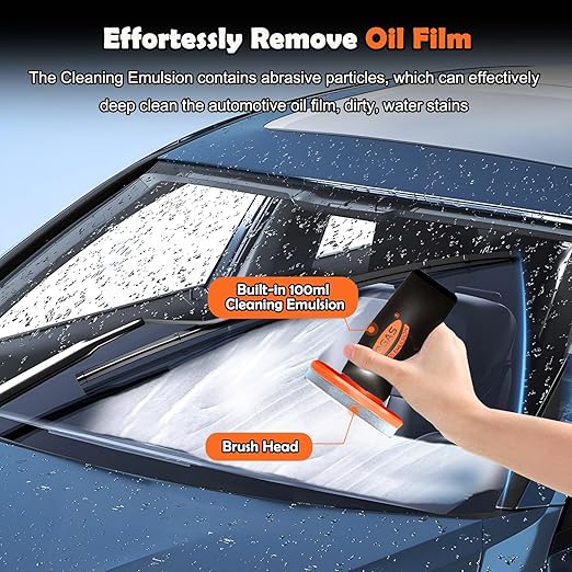Glass Emulsion Cleaner Oil Film Cleaning Brush, Car Windshield Cleaner Tool for Automotive Windshield/Window/Mirror Cleaning, Clearvision Improve Driving Visibility(100ml Emulsion + Brush Board)