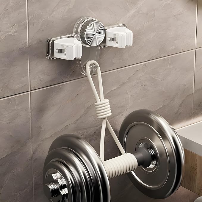 Broom Holder Mop Hanger Wall Mount, No Drill Suction Cup Mop and Broom Organizer with Hooks, Space Saving Adjustable Rack Removable Mop Clip for Bathroom, Kitchen, Garage, Laundry Room (2PCS)