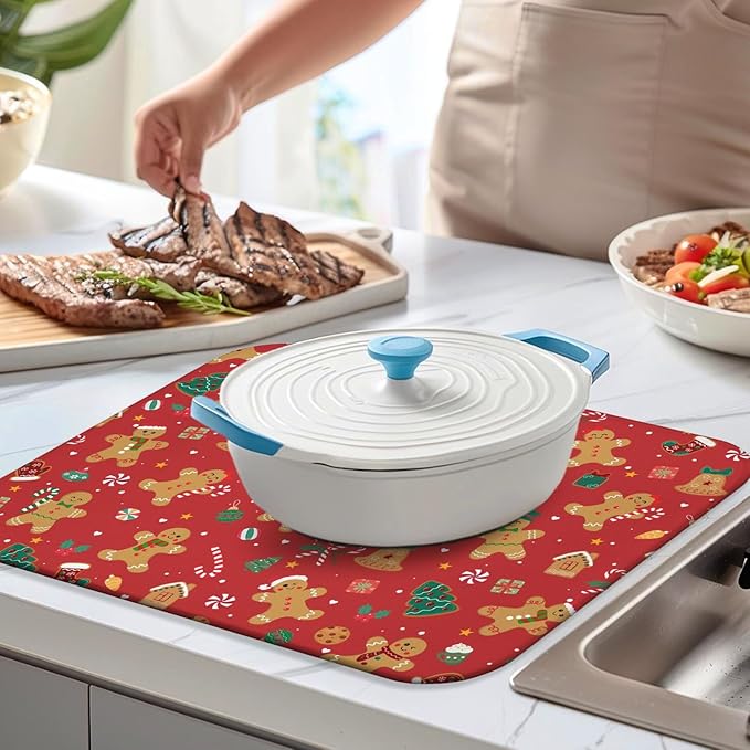 Christmas Kitchen Countertop Dish Drying Mat, Red Christmas Gingerbread Man Snowflake Pattern Microfiber Kitchen Drying Mat, Washable Absorbent Countertop Xmas Winter Holiday Dish Mat Drainer,18x24 In