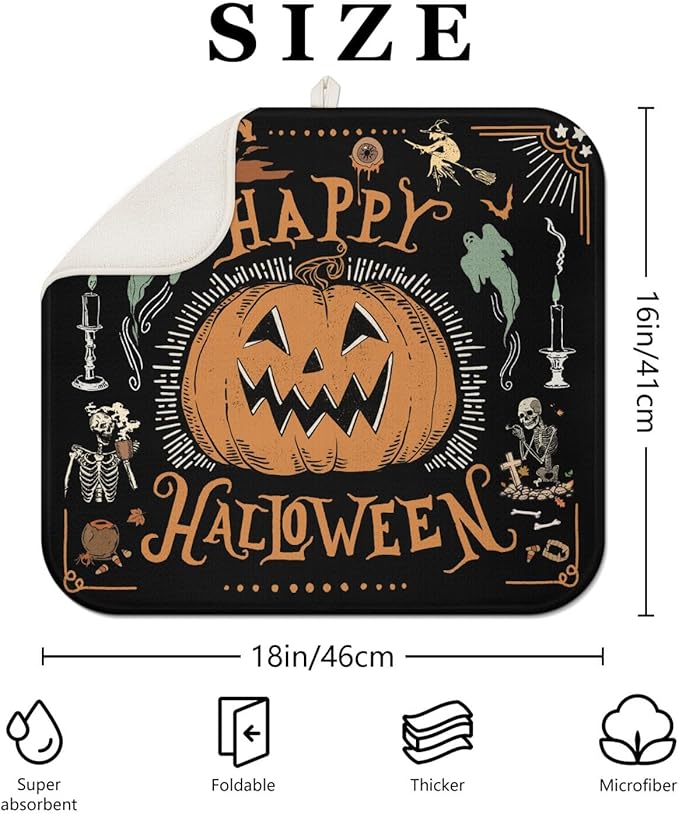 Halloween Dish Drying Mat for Kitchen Counter,Vintage Halloween Pumpkin Skull Ghost Pattern Microfiber Drying Mat,Washable Absorbent Countertop Holiday Dish Mat Drain Pad,16x18Inch