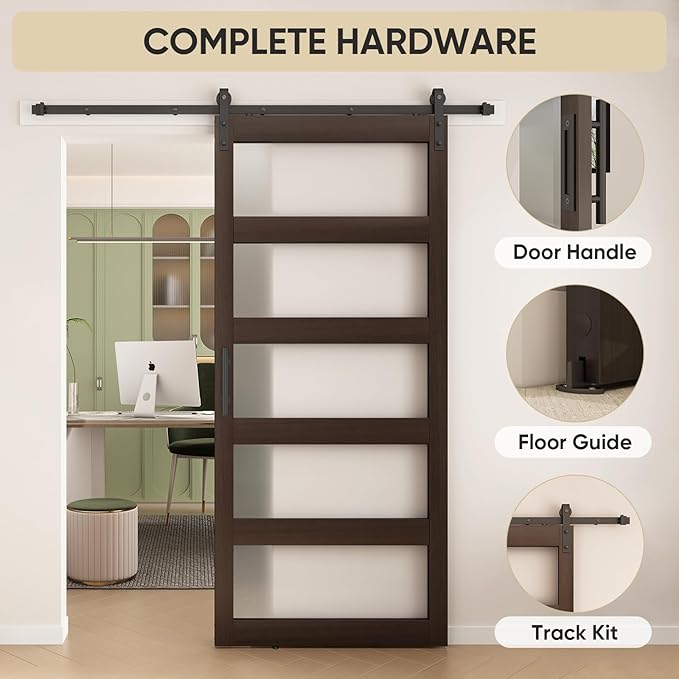BARNSMITH 48in x 96in Glass Barn Door and 8FT Sliding Door Hardware Included, 5-Panel Frosted Glass Sliding Barn Door, Solid Wood Covered with Water-Proof PVC Surface, Easy Assembly, Brown