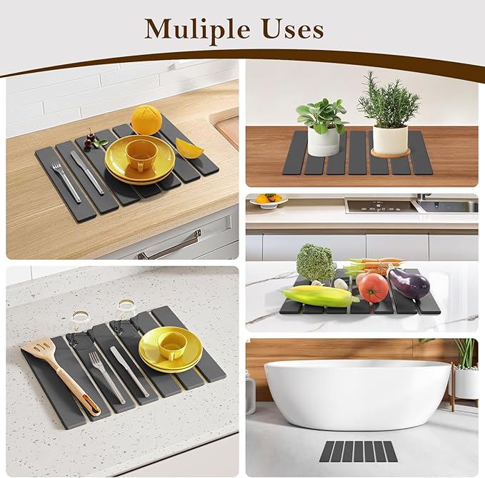 Stone Dish Drying Mats for Kitchen Counter,15.5“x 11.8”,Eco-Friendly,Foldable quick dry stone mat kitchen,Absorbent Diatomaceous Earth Mats for Dishes Bottles Cups Bathroom Any Countertop-Dark Gray