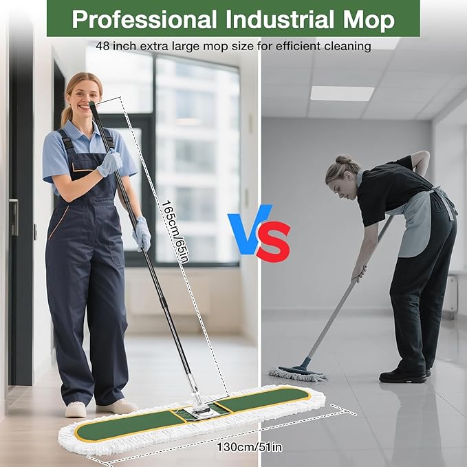 48" Commercial Industrial Dust Mop, CLDREAM Heavy Duty Floor Sweeper for Floor Cleaning with Replacement Mops Pads, Large Wet Dry Mop for Office Garage Hardwood Warehouse Factory Mall