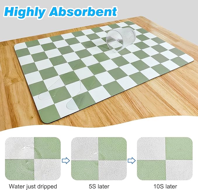 Checkered Dish Drying Mat for Kitchen Counter, Absorbent Non-Slip Coffee Mat, Heat Resistant Mat for Countertops Coffee Bar Decor 16" x 24" Green