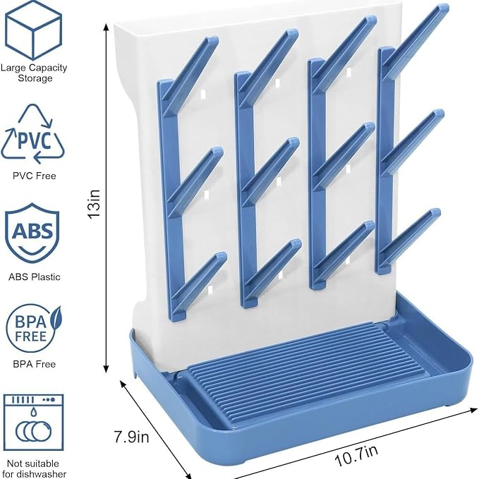 Tecdigbo Baby Bottle Drying Rack, Countertop Bottle Dryer, Cup Drying Rack, for 12Pc Bottles and Accessories,Pump Parts,Pacifiers,for Small Water Cup,Vitality Blue, Free Small Brush for Cleaning