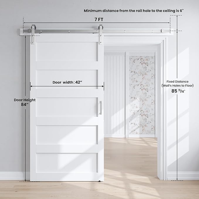 SmartStandard 42x84 inch White Barn Door with 7FT Brushed Nickel Sliding Door Hardware Track Kit Included, Solid MDF Slab, Waterproof PVC Surface, 5-Panel, Suitable for Openings up to 40in x 82in