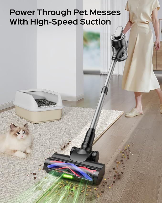 Cordless Stick Vacuum Cleaner – 3-in-1 Brush Roll for Hard Floors and Carpets, 55 Min Runtime Rechargeable Lightweight Vacuum with Green LED Headlight for Pet Hair and Dust Cleaning