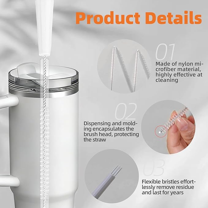 PROOCI Straw Cleaner Brush for Stanley, 2-Pack Multi 3 in 1 Extra Long Straw Cleaning Brush Set for Reusable Straws, Tumblers, Lids, Sippy Cups, Water Bottle, Nipples & Fine Gaps - Orange & Gray