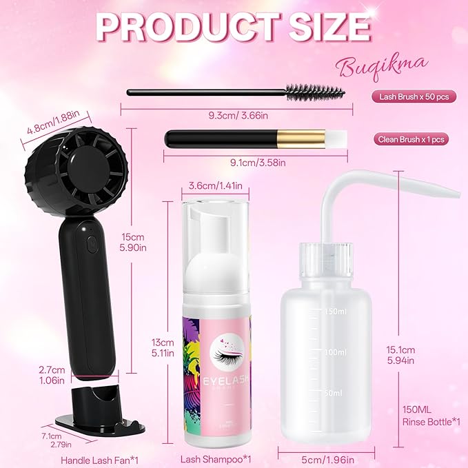 Buqikma Lash Shampoo Kit - Eyelash Extension Cleanser for Extensions 60ML with Rechargeable Handheld Lash Fan Dryer Mascara Brush Rinse Bottle Makeup Cleansing Foam for Lash Care