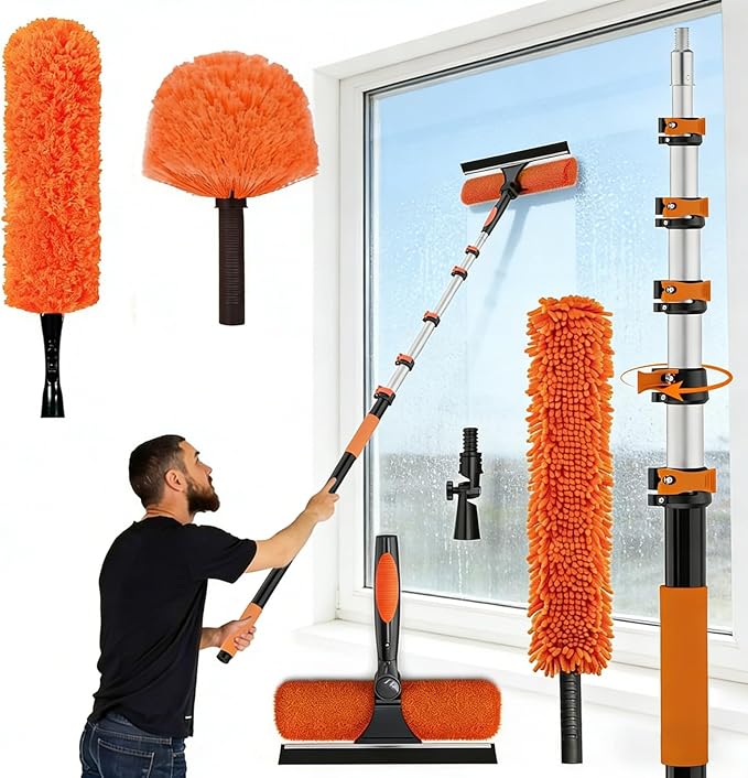 26FT High Ceiling Duster Kits with 5-20FT Telescoping Extension Pole - Fan Blade Cleaner, Cobweb Remover & Window Cleaning Kit, Washable Dust Brush for High Roof and Glass Surfaces