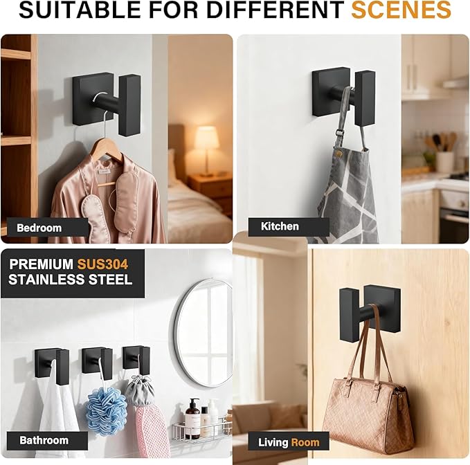 Towel Hooks for Bathrooms, Matte Black Towel Hook for Kitchen Bathroom, SUS304 Stainless Steel Coat Hook, Square Heavy Duty Holder Robe Hooks for Hanging Towels, Coats, sponges, Wall Mount, 2 Pack