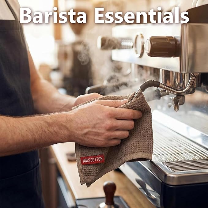 FGSAEOR Barista Cleaning Towels 6-Pack, 100% Cotton Waffle Weave 12x12 Inch Extra Thick Coffee Cloths, Ultra Soft Absorbent for Espresso Machine, Steam Wand, Milk Frother & Countertops