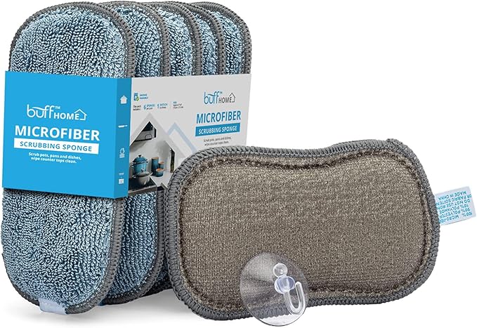 Microfiber Wholesale Sponge for Kitchen (6 Pack) - Suction Cup Hook Included, Reusable, Washable Dish Sponges with Scrubber, Refills, Scrubbing Side, Non-Scratching, Multi-Purpose, Scouring