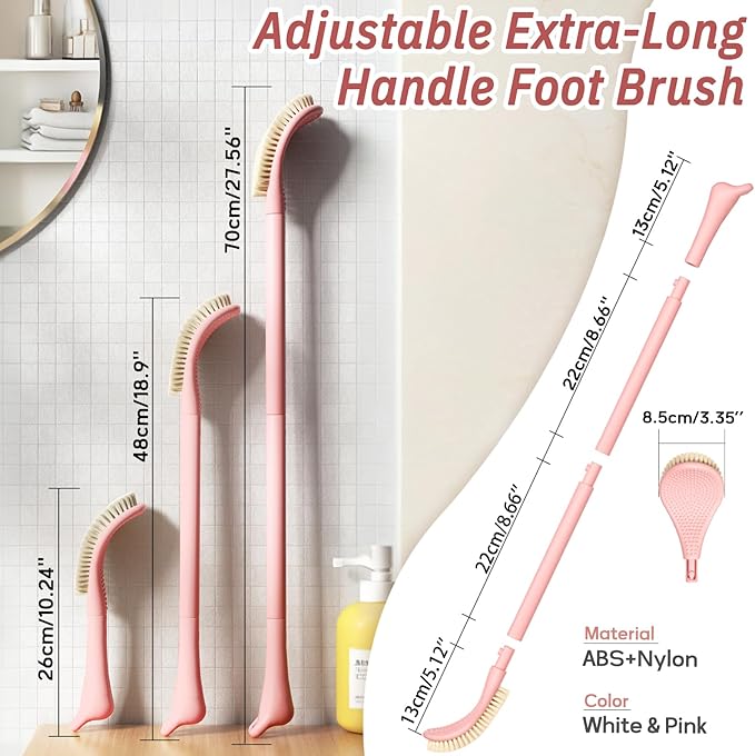 New Foot Brush & Foot File Set(2PCS), 3-in-1 Foot Scrubber in Shower, 10.2’’-27.5’’Adjustable Long Handle Foot Scrub Brush and Upgrade Foot File Callus Remover, Gift-Box Packed(Pink Set)