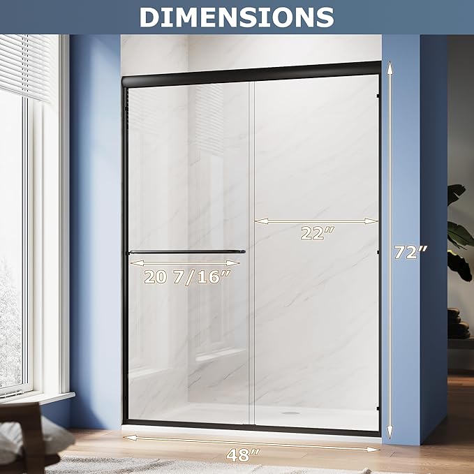 SUNNY SHOWER Double Sliding Glass Door 48" W x 72" H Shower Door 1/4" Tempered Glass Sliding Door Semi-Frameless Shower Glass Enclosure Bypass Walk in Shower Cabin, Matte Black